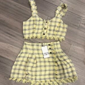 Zara Yellow and Gray Checkered Skirt Set